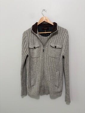 Tasso Elba Gray Wool Blend Cable Knit Full Zip Cardigan Sherpa Neckline